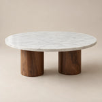 Orramina White Marble Coffee Table product photo showing round top and white marble-look surface in a clean studio setting.