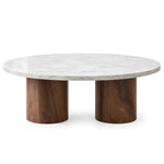 Alternate view of Orramina White Marble Coffee Table, showing round top, white marble-look surface, and two pedestal bases.