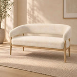 Parkipolo Cream Upholstered Bench featuring cream & Natural Wood in a clear product photograph in a modern home setting.