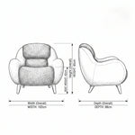 Plupos Upholstered Accent Chair size guide lists 90 cm wide, 90 cm long, and 90 cm high to help plan fit in the living room.
