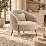 Polomiso Beige Curved Accent Chair product view showing rounded tub-style backrest with its construction clearly visible.