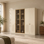 Porteriy 5 Door Wooden Wardrobe brings together cream arch-panel doors and tinted display doors beside a bedroom window.