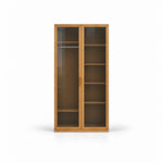 Porteriy 2 Door Wooden Closet Cabinet with a warm wood-look case and visible interior shelves against a white backdrop.