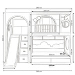 Pow Kids Bunk Bed with Slide and Storage: two sleeping levels in a line drawing marked 310 cm long and 235 cm high.