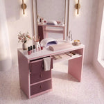 Alternate angle of Prinkly Pink Manicure Table with Storage, showing open storage shelf for a modern salon interior.