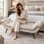 Additional view of Punari Cream Upholstered Bench, showing raised curved ends in a clean, contemporary entryway setting.