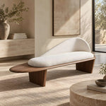 Putanisa Cream Upholstered Accent Bench product view showing curved backrest and padded seat in a balanced home interior.