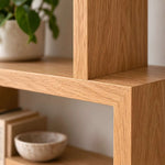 Puzzly Wooden Bookshelf & Open Storage Unit product view showing multiple open compartments in a balanced home interior.
