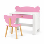 Qasbora Bear Kids Study Desk with Chair shown with a bear-back chair, a white writing top and splayed wooden chair legs.