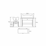 Qasbora Bear Kids Study Desk with Chair drawing with splayed wooden chair legs, labelled 90 cm wide and 55 cm deep.