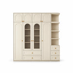Rakilony 4 Door Wardrobe with Side Shelves shown with cream arch-panel doors, lower storage drawers and upper cupboards.
