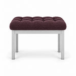 Rebosy Pedicure Footrest upholstered in deep plum brown fabric, with deep button tufting and four straight metal legs.