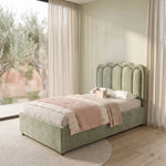 Rinosy Sage Green Kids Single Bed featuring soft padded upholstery and scalloped headboard in a clear product photograph.