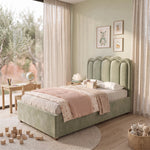 Rinosy Sage Green Kids Single Bed product view showing soft padded upholstery, scalloped headboard, and rounded edges.