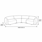 Ronila Olive Green Curved 5-Seater Sofa dimension guide showing 300 W x 80 D x 80 H cm for living room layout planning.