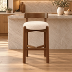 Rsumena Wooden Bar Stool product photo showing curved wooden backrest and generously padded seat in a clean studio setting.
