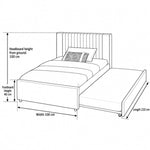Sillavony Light Grey Kids Trundle Bed dimension guide with narrow headboard channels and labels of 210 × 100 × 100 cm.