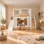 Slemnry Oak Kids Bunk Bed with Slide and Storage with an adult and child seated on the lower bed, showing a white slide.