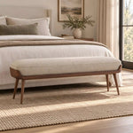 Sokirova Beige Wooden Upholstered Accent Bench product view showing padded seat, engineered wooden frame, and tapered legs.