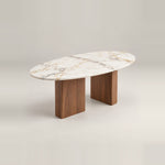 Sonozelia Marble Top 6-Seater Dining Table against a grey backdrop, showing a walnut-look base alongside an oval marble top.