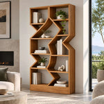 Spezzino Wooden Bookshelf product view showing zigzag central structure, multiple open shelves, and spacious display areas.