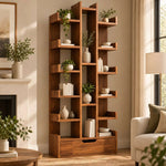 Splitina Wooden Bookshelf product view showing three vertical sections, multiple open shelves, and staggered layout.