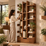 Close-up of Splitina Wooden Bookshelf, highlighting three vertical sections in a clean, contemporary home office setting.
