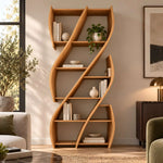 Springlora Wooden Bookshelf product view showing curved side frames, dynamic central support, and multiple open shelves.