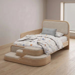 Steppina Ivory White Kids Single Bed with Steps featuring padded headboard and footboard in a clear product photograph.