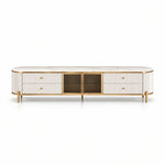 Stillvolra White Marble Top TV Unit on a white background, showing a white marble top alongside gold-framed glass doors.