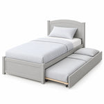 Stompora Grey Kids Trundle Bed on a white background: a curved grey headboard, a framed footboard and a grey wood frame.