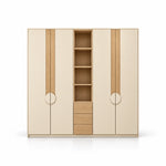 Stylonsy Wooden Wardrobe with Shelves and Drawers, detailed with wood-tone vertical bands against a white backdrop.