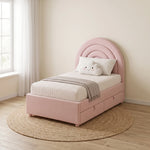 Swaria Pink Kids Single Bed product photo showing arched padded headboard and upholstered frame in a clean studio setting.