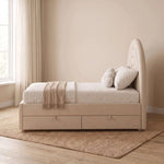Alternate product view of Swaria Oatmeal Beige Kids Single Bed, featuring arched padded headboard and upholstered frame.