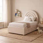 Alternate angle of Swaria Oatmeal Beige Kids Single Bed, showing under-bed storage drawers in a balanced home interior.