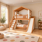 Tiekode Wooden Kids Bunk Bed with Slide and Storage Stairs on a patterned playroom rug, showing upper wooden guardrails.
