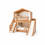 Tiekode Wooden Kids Bunk Bed with Slide and Storage Stairs featuring a house-shaped upper bunk against a white backdrop.