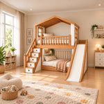Tiekode Wooden Kids Bunk Bed with Slide and Storage Stairs, detailed with upper wooden guardrails beside a playroom window.