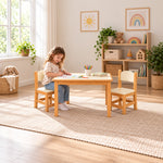 Tischona Kids Table with 2 Chairs: straight wooden table legs beside a child seated at the table on a patterned rug.