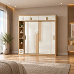Tolisivo Wooden Wardrobe with Sliding Door and Shelves combines two base drawers with upper cupboards in a furnished bedroom.