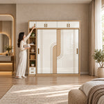 Tolisivo Wooden Wardrobe with Sliding Door and Shelves in a bedroom, with a woman reaching toward its upper cupboards.