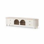 Tostemo White Marble Top TV Unit displays rounded textured ends together with slim gold-tone legs on a white background.