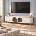 Tostemo White Marble Top TV Unit: a pale marble top, four side drawers and slim gold-tone legs against a living room wall.
