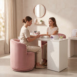 Alternate angle of Trinty Pink Velvet Manicure Chair with Rounded Base, showing premium Pink Velvet in a modern home setting.
