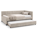 Twincelo Taupe Kids Trundle Bed with an extended front trundle and unequal-height end arms against a white backdrop.