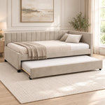 Twincelo Taupe Kids Trundle Bed combines an extended front trundle with unequal-height end arms beside a bedroom window.