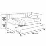 Twincelo Taupe Kids Trundle Bed size sketch showing an extended front trundle; 210 cm long, 100 cm wide and 100 cm high.