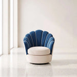 Close-up of Umbriala Blue & Cream Modern Pedicure Chair, highlighting sculpted fan-style backrest in a modern home setting.