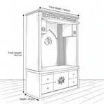 Vanya Premium Wooden Finish Home Pooja Mandir size guide lists 140 W x 45 D x 165 H cm to help plan fit in the prayer room.