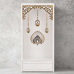 Vedika Premium White Pooja Mandir with Om & Peacock Motif product photo showing lower Drawer in a clean studio setting.